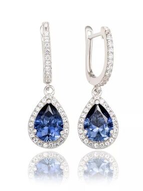 Suzy Levian Sapphire Halo Drop Earrings Sterling Silver Princess Kate Inspired